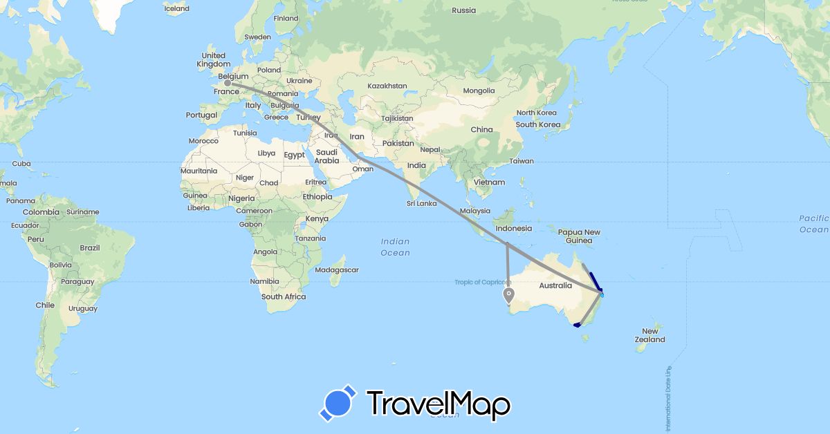 TravelMap itinerary: driving, plane, boat, motorbike in United Arab Emirates, Australia, France, Indonesia (Asia, Europe, Oceania)